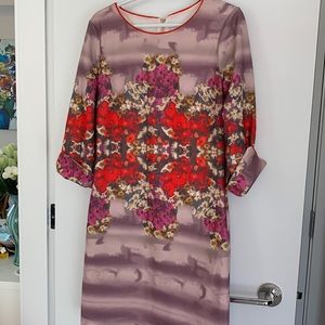 Dress, designer, Badgley Mischka, beautiful orange, pink, cream, purple , lined